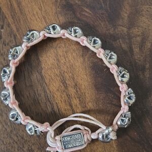 King Baby Studio Macrame Skull Bracelet Silver Skull Bracelet with Pink Cord